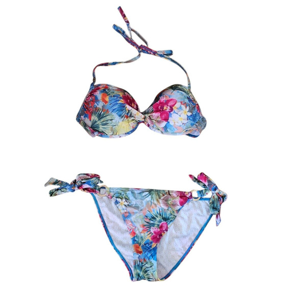 Victoria's Secret Other - Victoria Secret Swim 34D M Bombshell Pushup Top Bikini Side Tie Bottom Floral